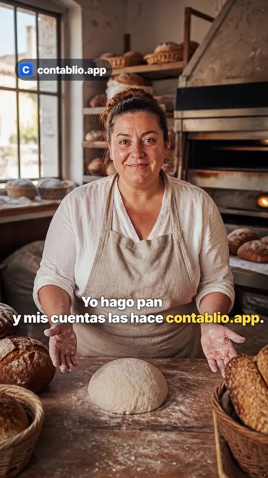 Fotograma del reel: una panadera ficticia generada con IA en su obrador, con el texto «Yo hago pan y mis cuentas las hace contablio.app»
